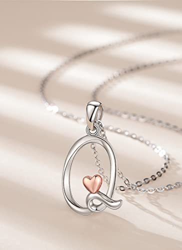 CELESTIA Sterling Silver Initial Necklaces 26 Letter Pendant with Rose Gold Heart - 18 Inch Chain