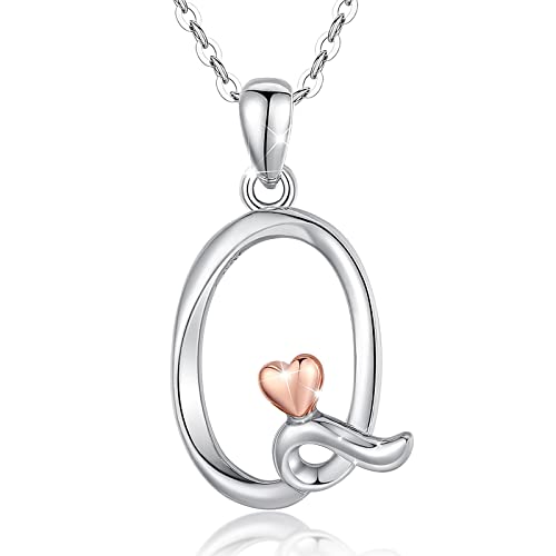 CELESTIA Sterling Silver Initial Necklaces 26 Letter Pendant with Rose Gold Heart - 18 Inch Chain