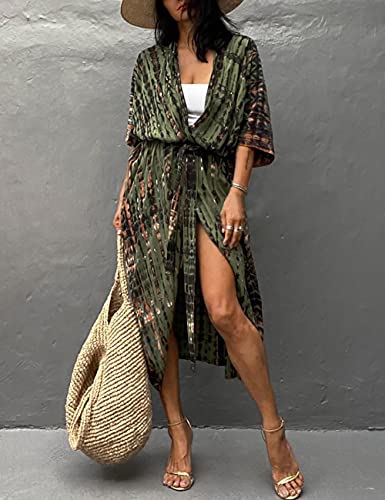 Bsubseach Stylish Tie Dye Open Front Long Kimono Swimsuit Cover up for Women