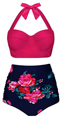 KISSMODA Womens Floral Printed High Waisted Bikini Set Tummy Control Bathing Suit Swimsuit