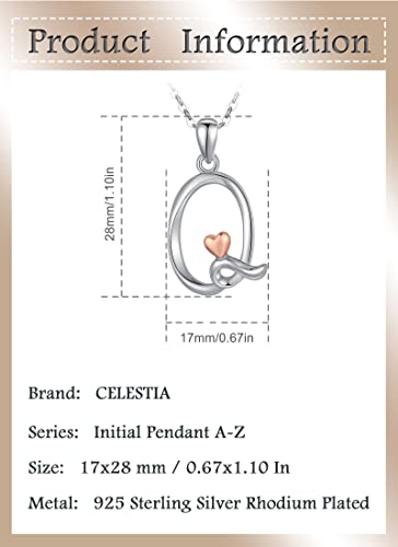 CELESTIA Sterling Silver Initial Necklaces 26 Letter Pendant with Rose Gold Heart - 18 Inch Chain