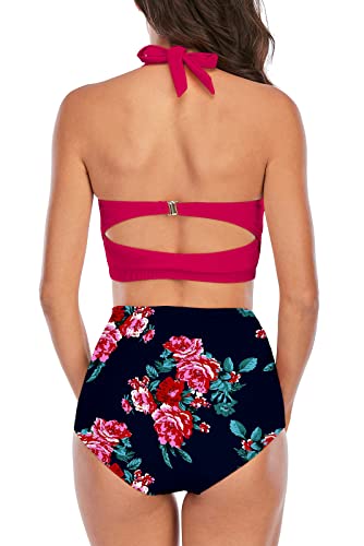 KISSMODA Womens Floral Printed High Waisted Bikini Set Tummy Control Bathing Suit Swimsuit