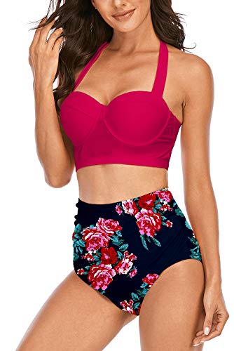 KISSMODA Womens Floral Printed High Waisted Bikini Set Tummy Control Bathing Suit Swimsuit