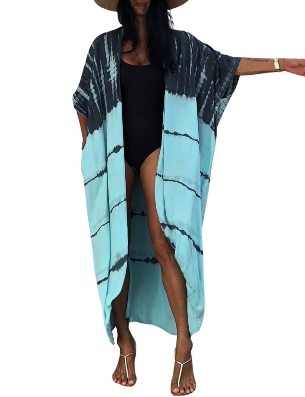 Bsubseach Stylish Tie Dye Open Front Long Kimono Swimsuit Cover up for Women