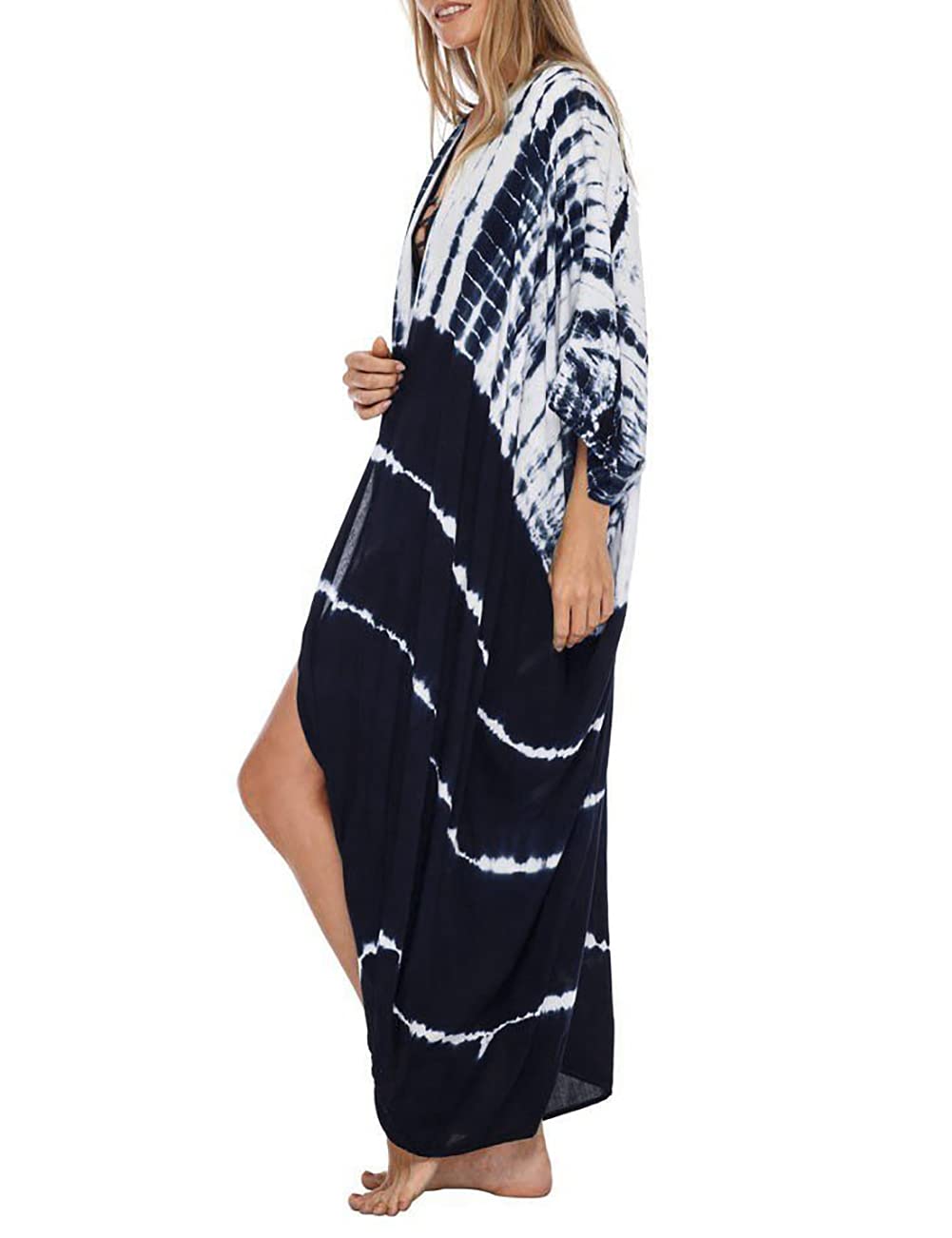 Bsubseach Stylish Tie Dye Open Front Long Kimono Swimsuit Cover up for Women