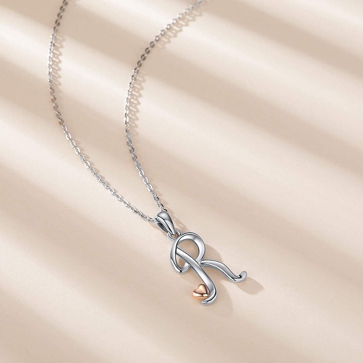 CELESTIA Sterling Silver Initial Necklaces 26 Letter Pendant with Rose Gold Heart - 18 Inch Chain