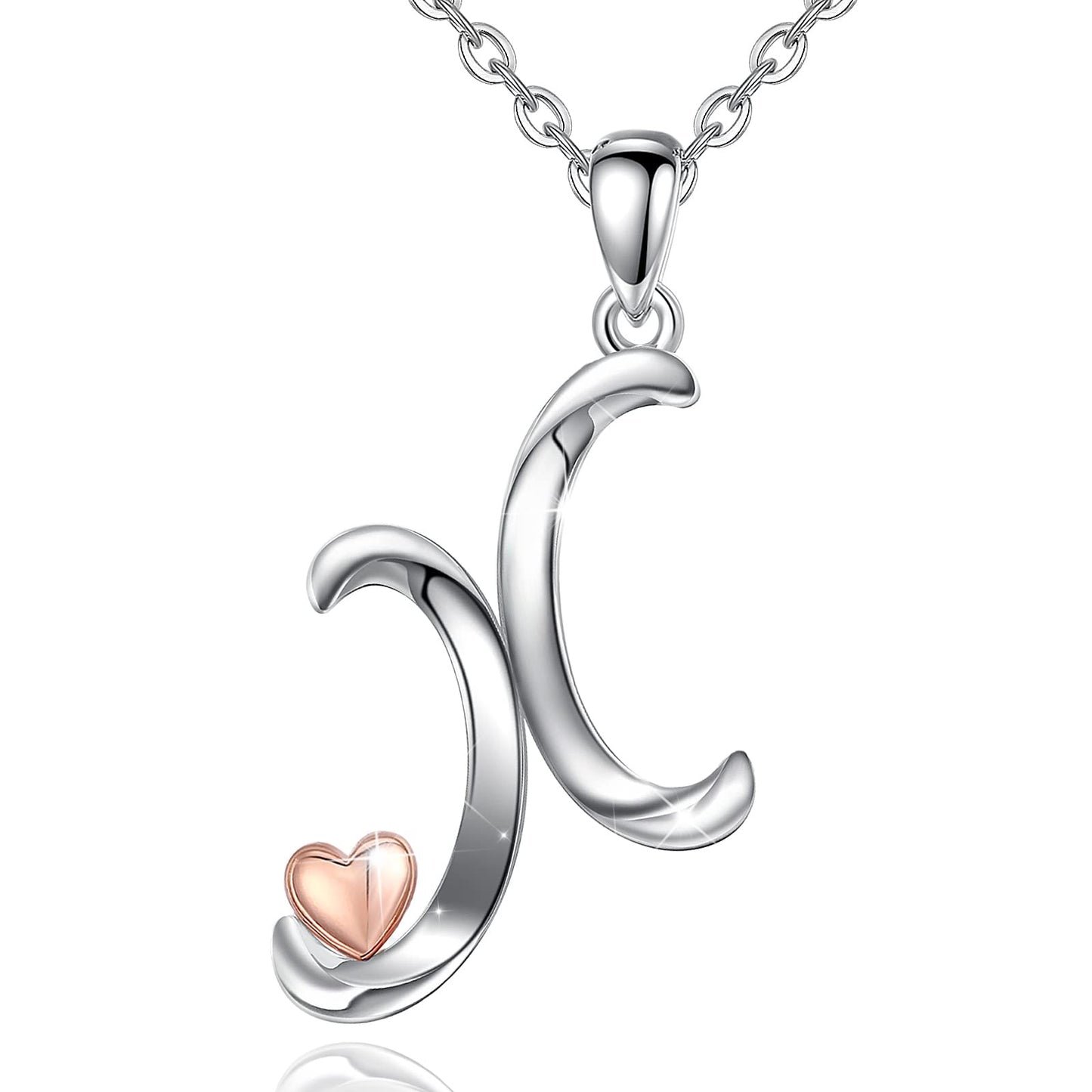 CELESTIA Sterling Silver Initial Necklaces 26 Letter Pendant with Rose Gold Heart - 18 Inch Chain