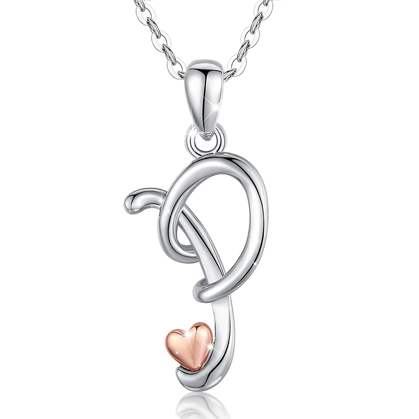 CELESTIA Sterling Silver Initial Necklaces 26 Letter Pendant with Rose Gold Heart - 18 Inch Chain