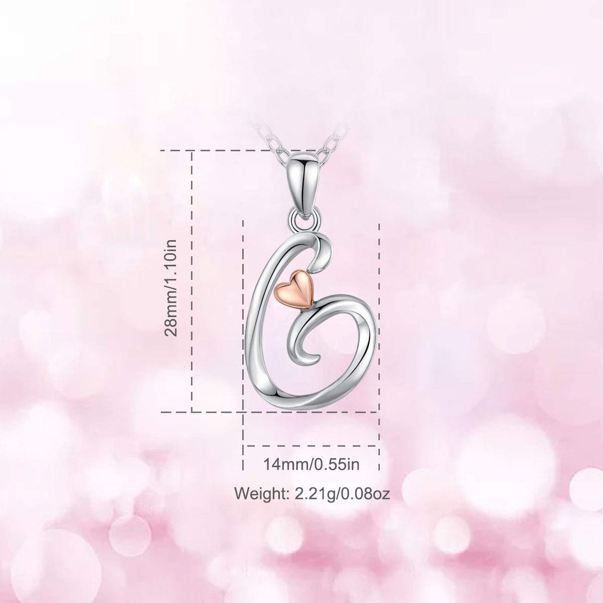 CELESTIA Sterling Silver Initial Necklaces 26 Letter Pendant with Rose Gold Heart - 18 Inch Chain