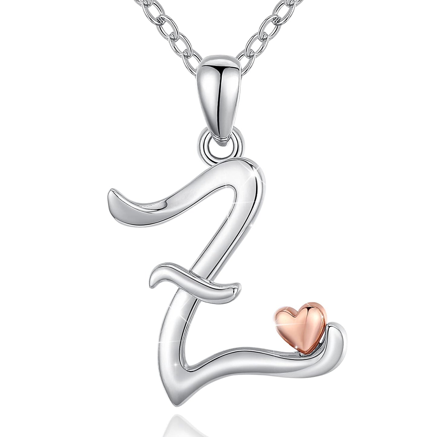 CELESTIA Sterling Silver Initial Necklaces 26 Letter Pendant with Rose Gold Heart - 18 Inch Chain