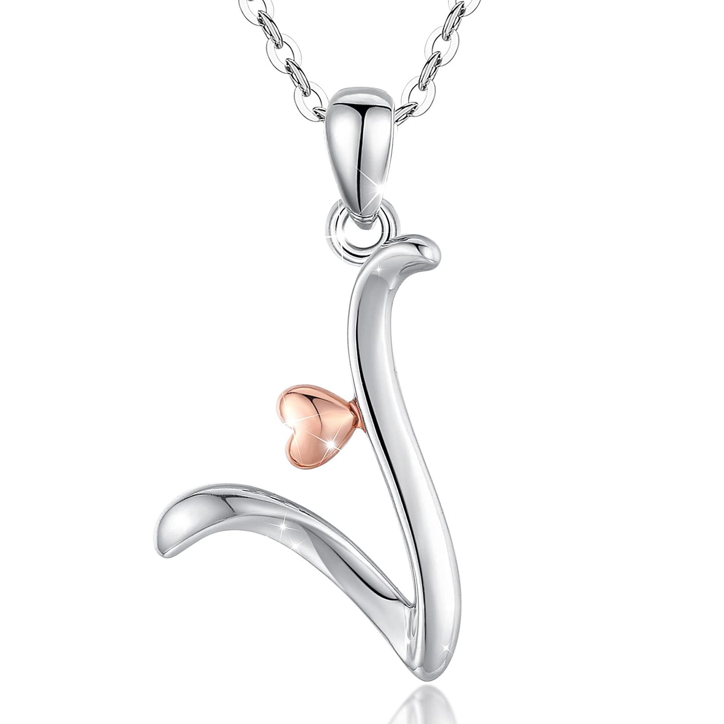 CELESTIA Sterling Silver Initial Necklaces 26 Letter Pendant with Rose Gold Heart - 18 Inch Chain