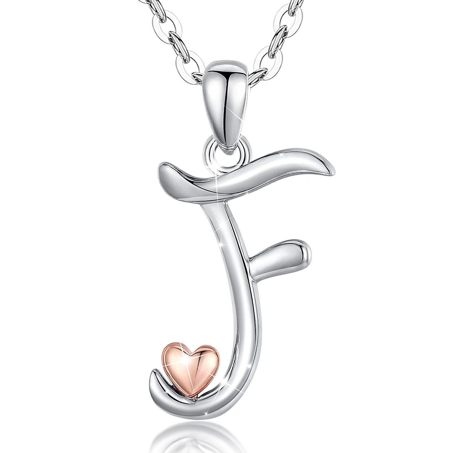 CELESTIA Sterling Silver Initial Necklaces 26 Letter Pendant with Rose Gold Heart - 18 Inch Chain