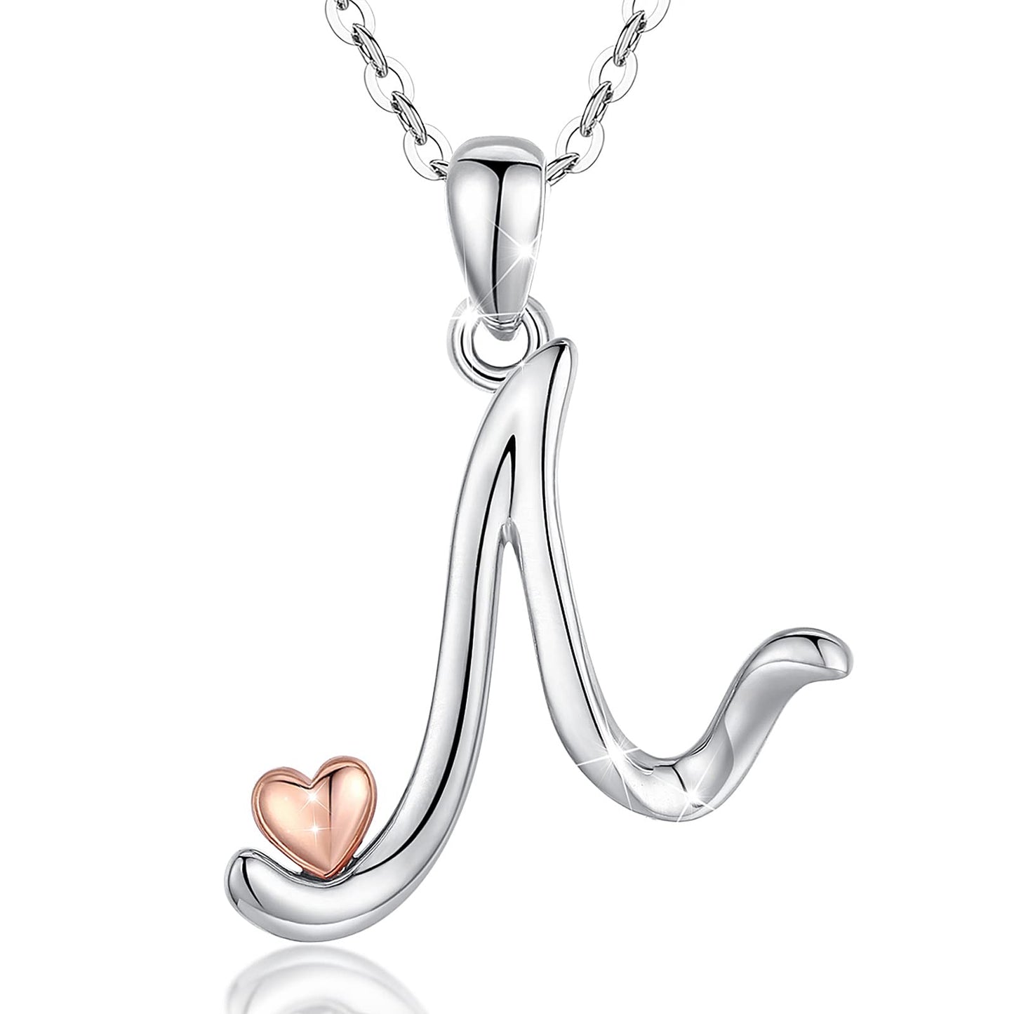 CELESTIA Sterling Silver Initial Necklaces 26 Letter Pendant with Rose Gold Heart - 18 Inch Chain