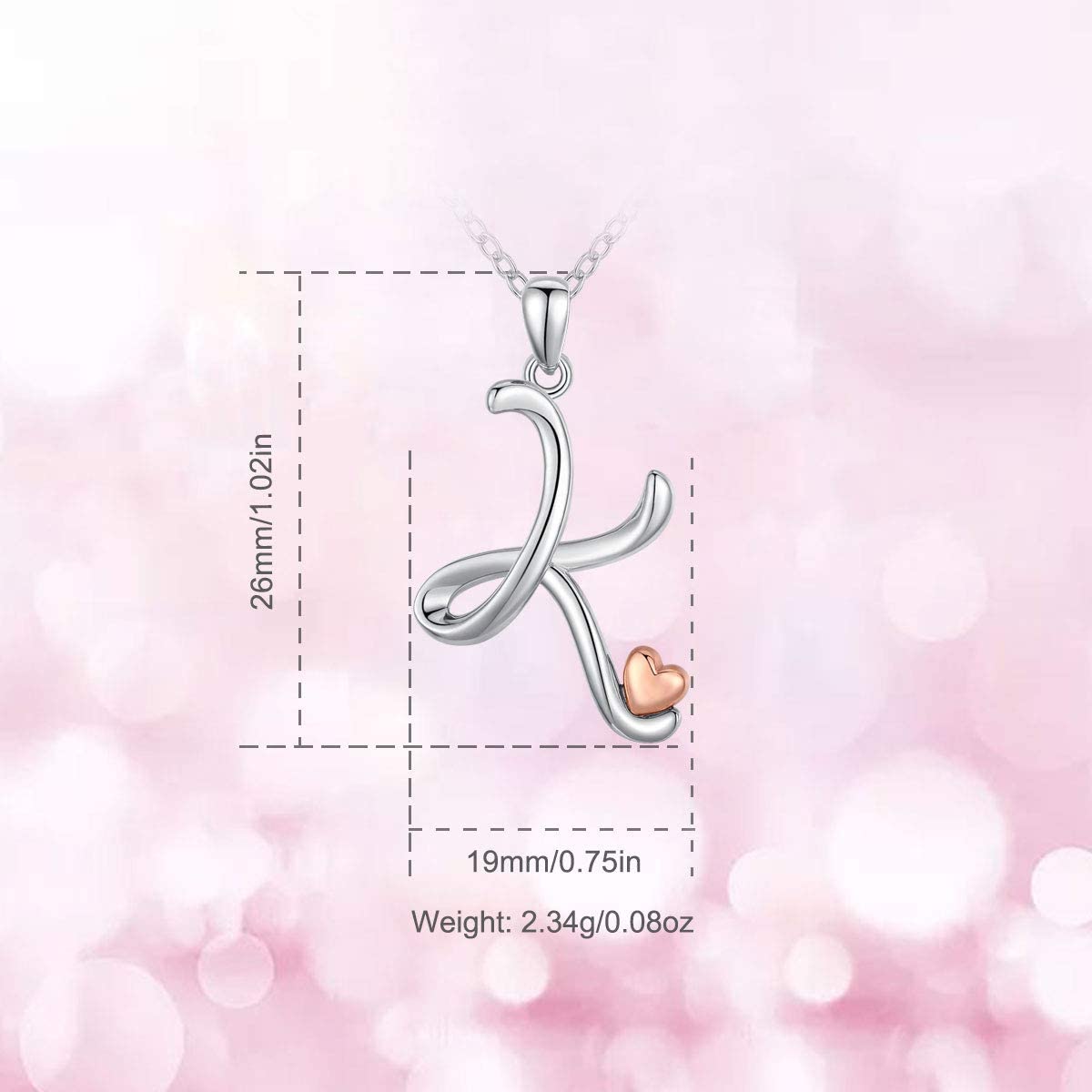 CELESTIA Sterling Silver Initial Necklaces 26 Letter Pendant with Rose Gold Heart - 18 Inch Chain