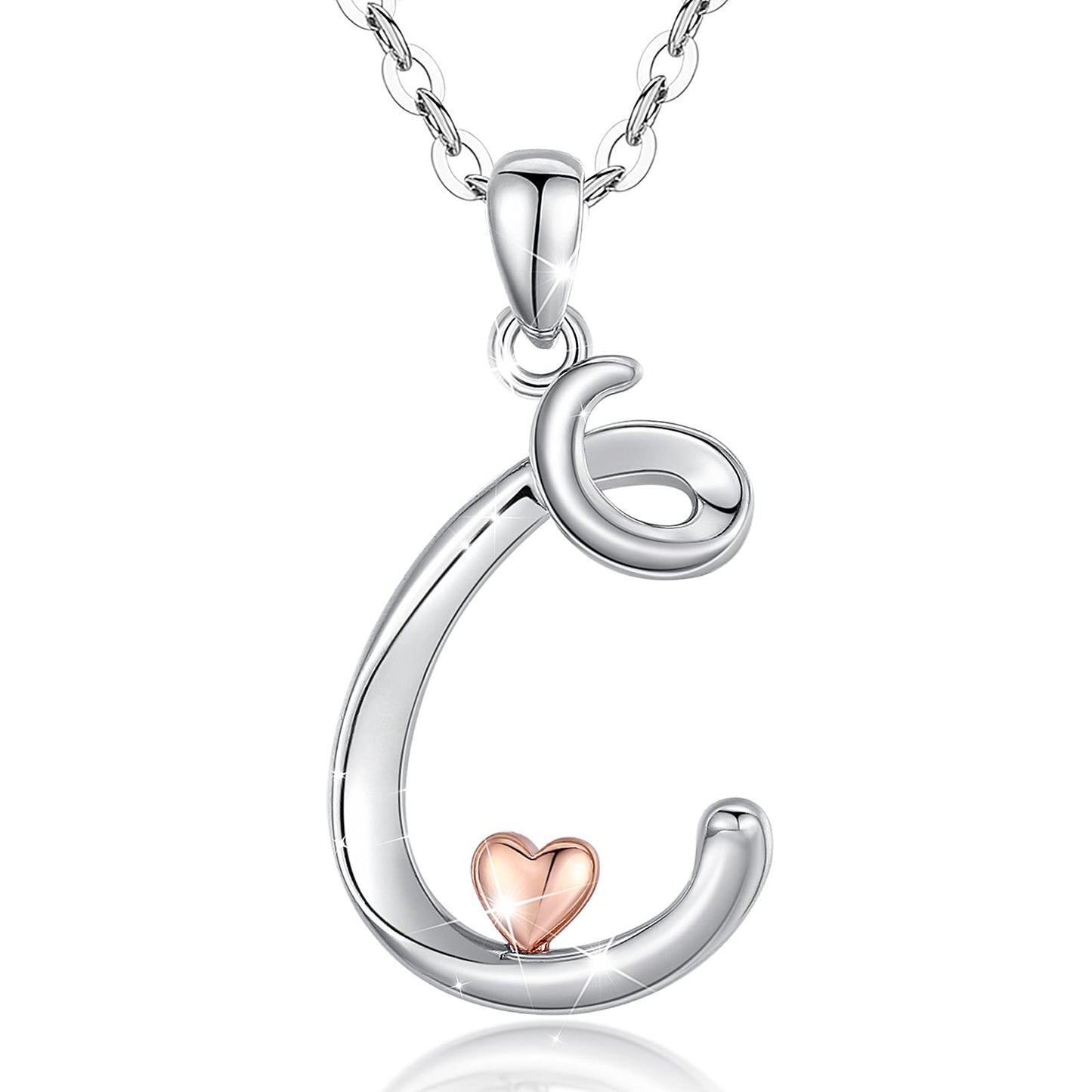 CELESTIA Sterling Silver Initial Necklaces 26 Letter Pendant with Rose Gold Heart - 18 Inch Chain