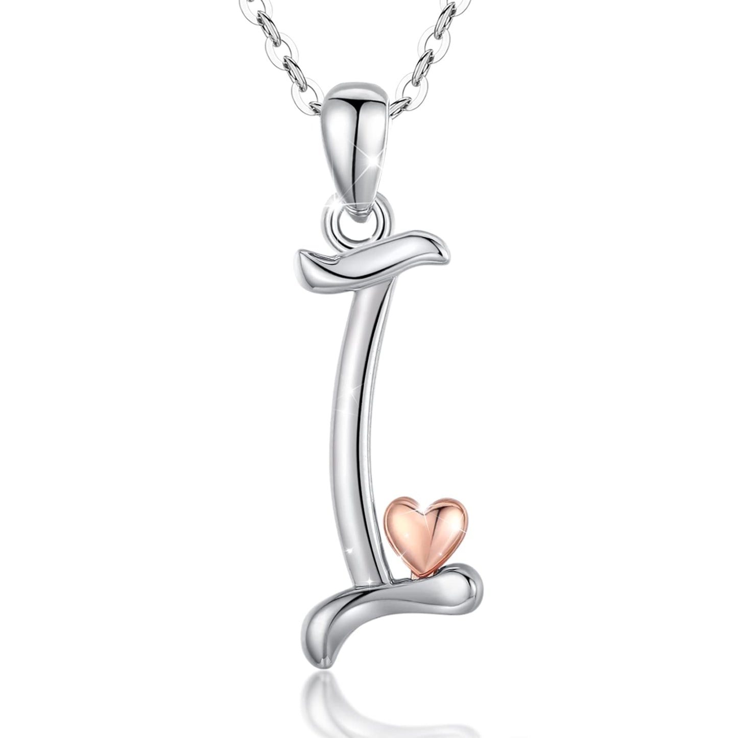 CELESTIA Sterling Silver Initial Necklaces 26 Letter Pendant with Rose Gold Heart - 18 Inch Chain