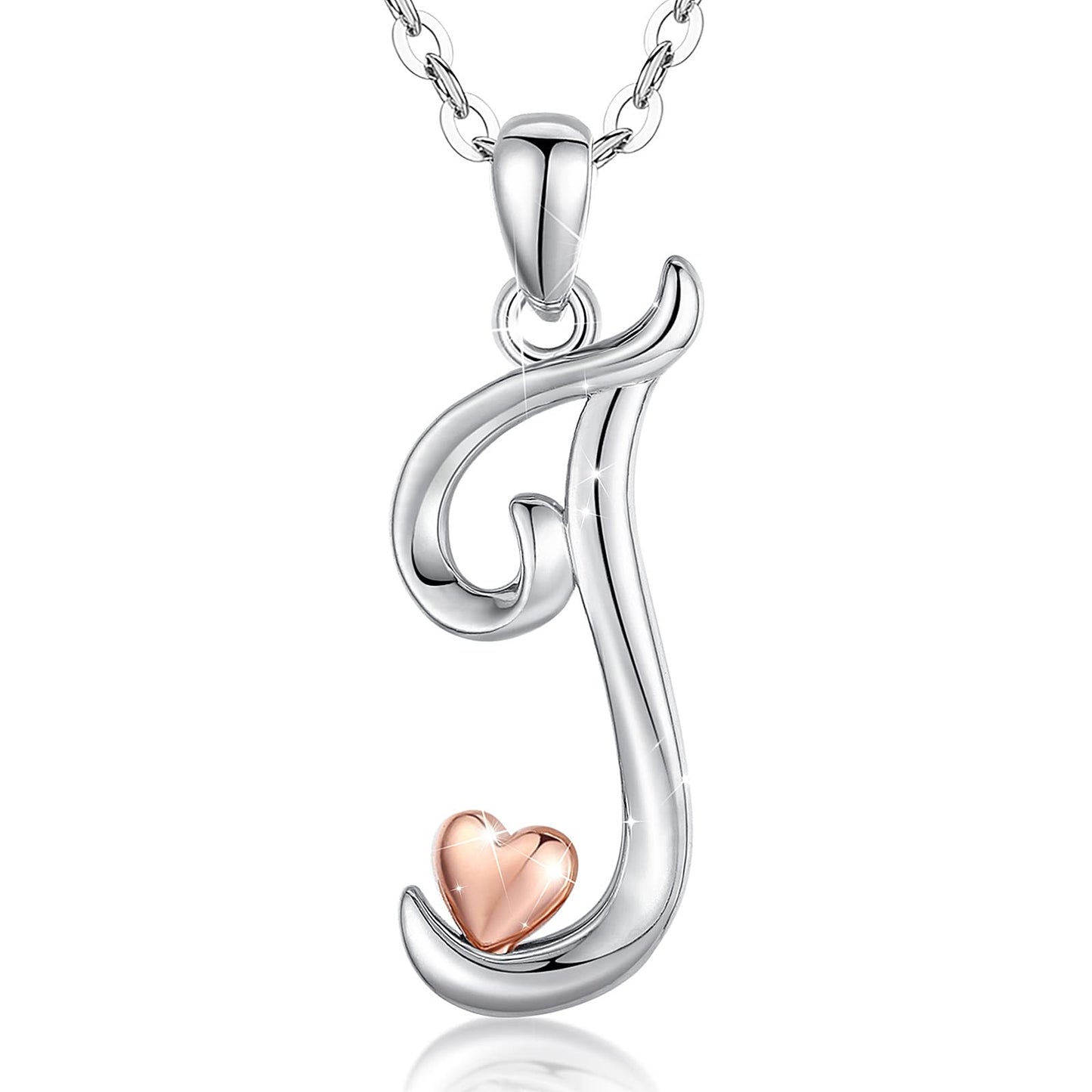 CELESTIA Sterling Silver Initial Necklaces 26 Letter Pendant with Rose Gold Heart - 18 Inch Chain