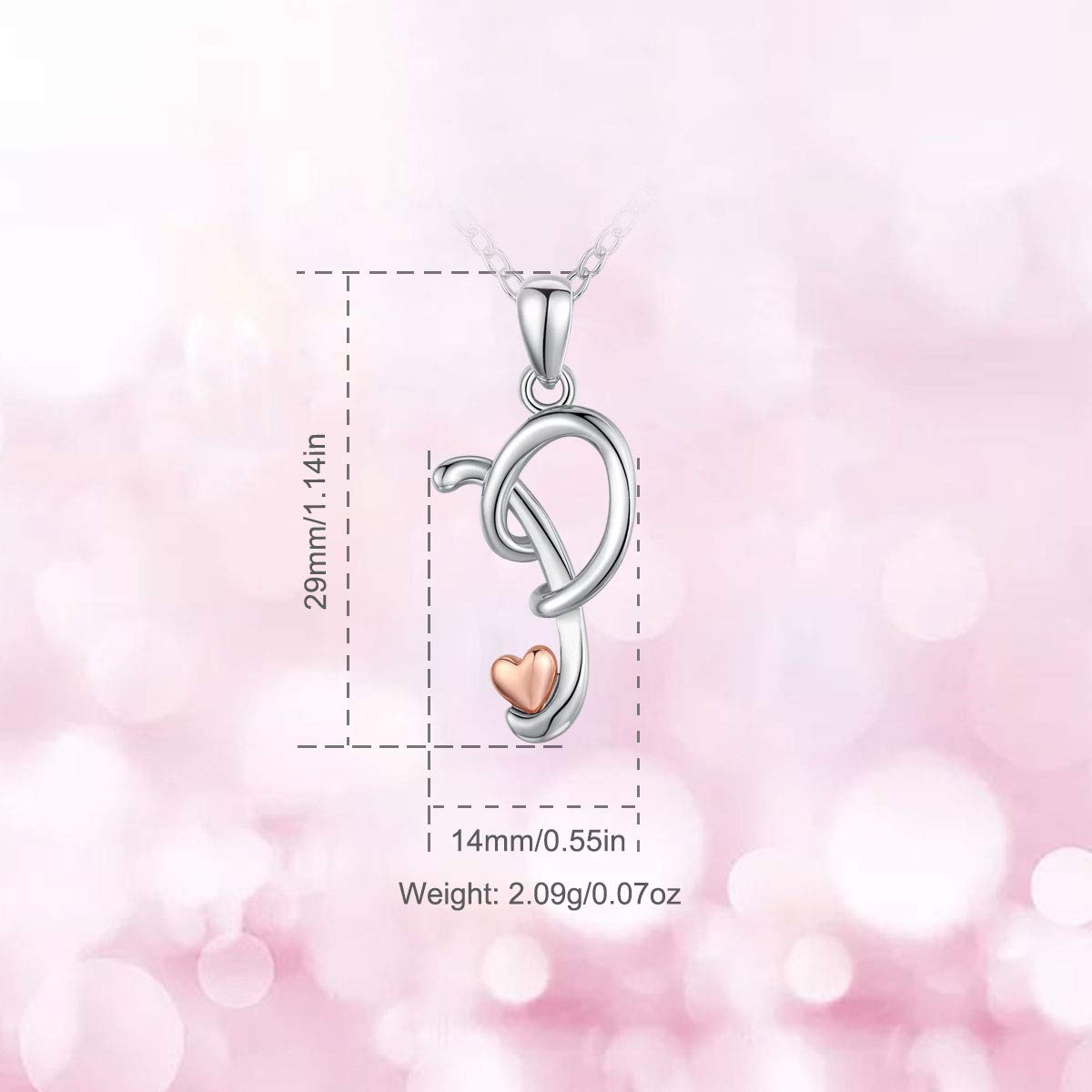 CELESTIA Sterling Silver Initial Necklaces 26 Letter Pendant with Rose Gold Heart - 18 Inch Chain