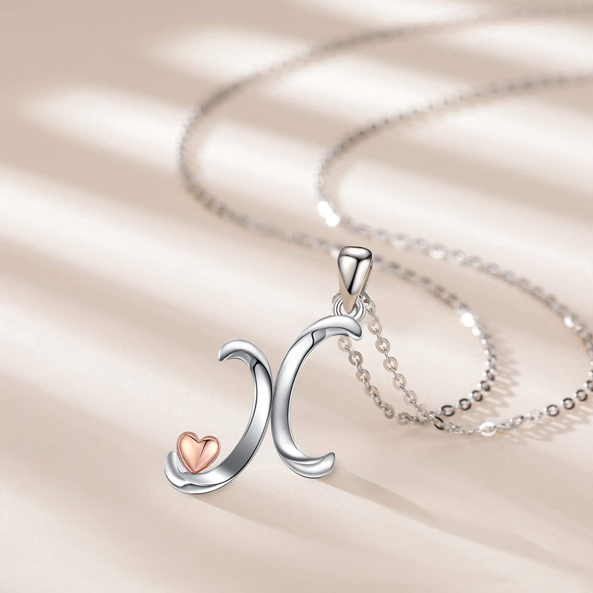 CELESTIA Sterling Silver Initial Necklaces 26 Letter Pendant with Rose Gold Heart - 18 Inch Chain