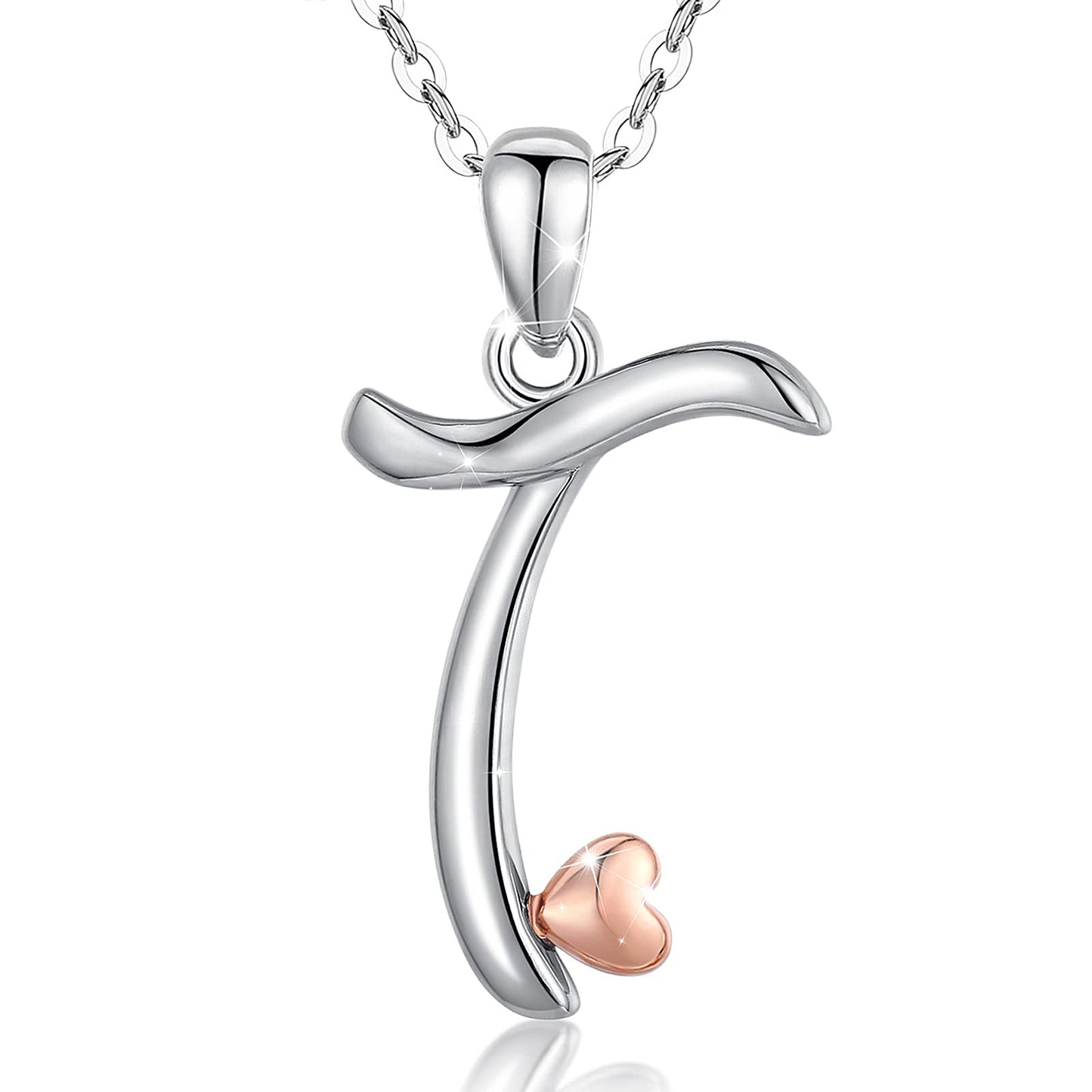 CELESTIA Sterling Silver Initial Necklaces 26 Letter Pendant with Rose Gold Heart - 18 Inch Chain