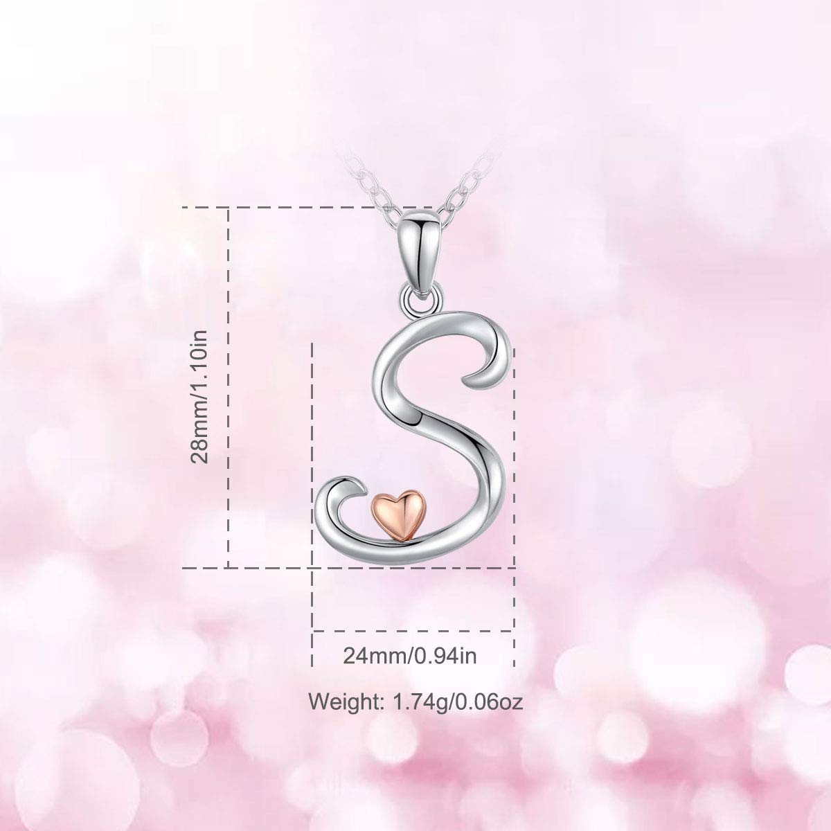 CELESTIA Sterling Silver Initial Necklaces 26 Letter Pendant with Rose Gold Heart - 18 Inch Chain