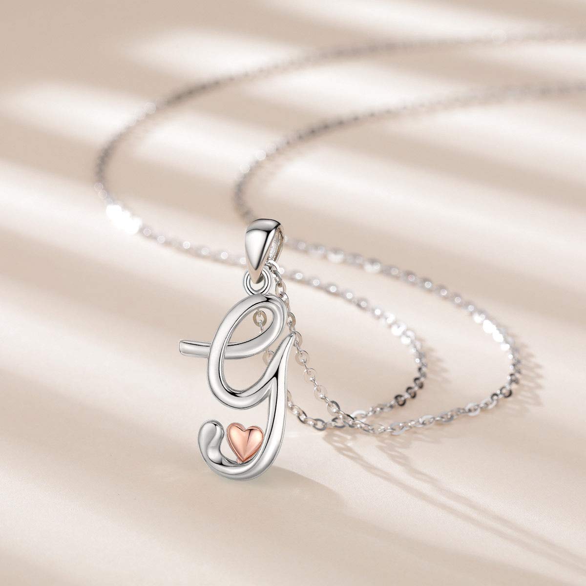 CELESTIA Sterling Silver Initial Necklaces 26 Letter Pendant with Rose Gold Heart - 18 Inch Chain