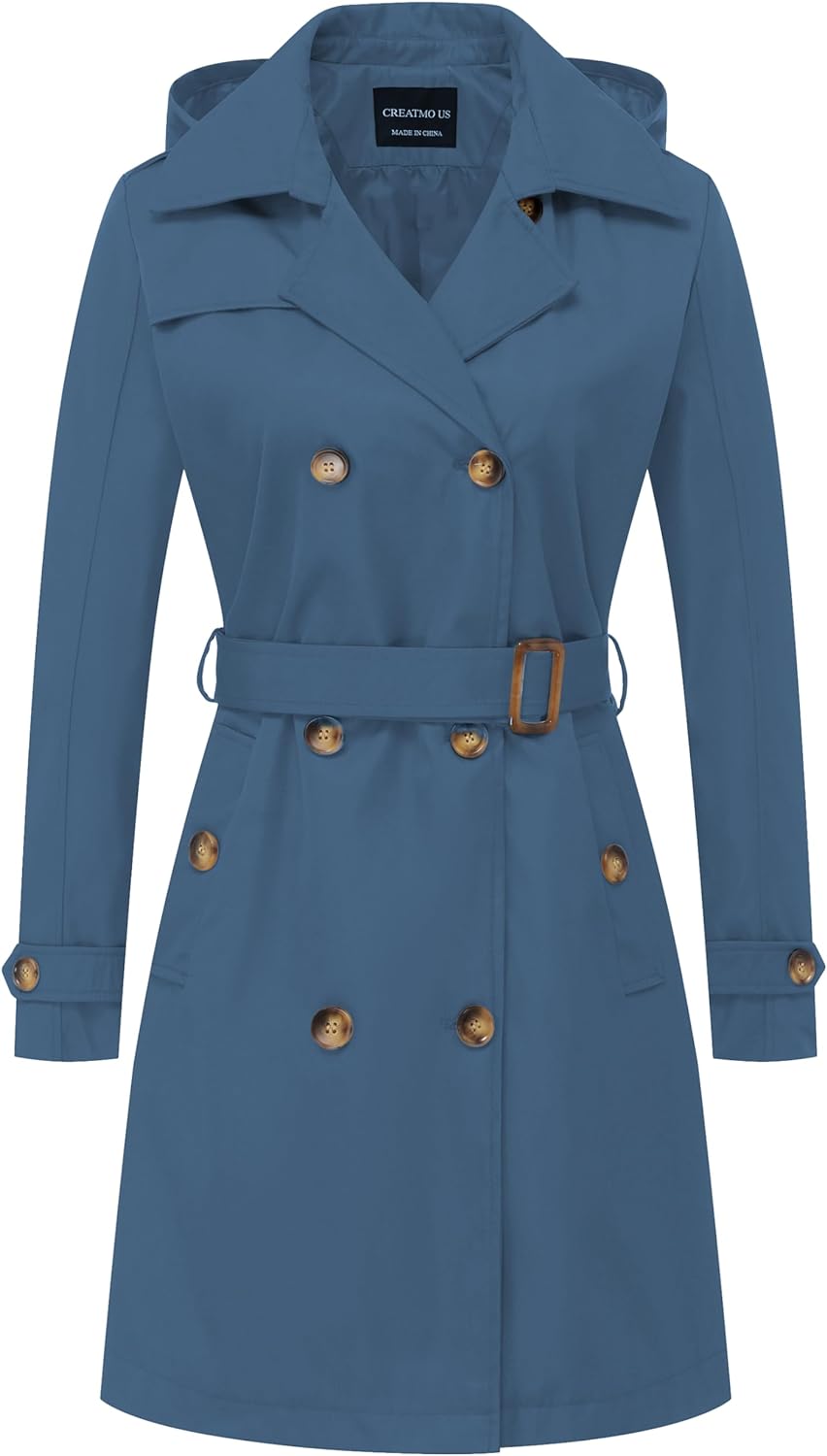 CREATMO US Women's Long Trench Coat Double-Breasted Classic Lapel Overcoat Belted Slim Outerwear Coat with Detachable Hood