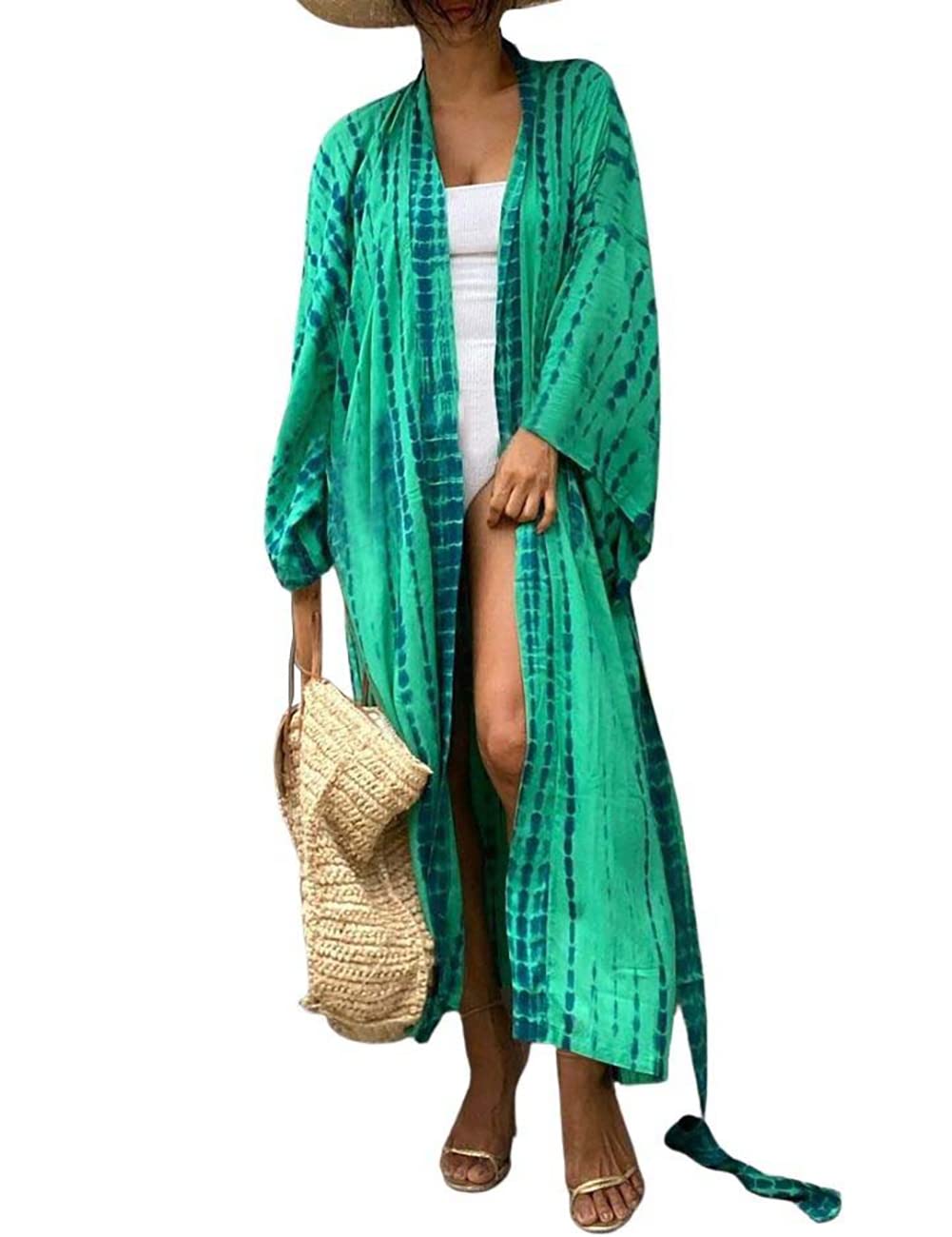 Bsubseach Stylish Tie Dye Open Front Long Kimono Swimsuit Cover up for Women