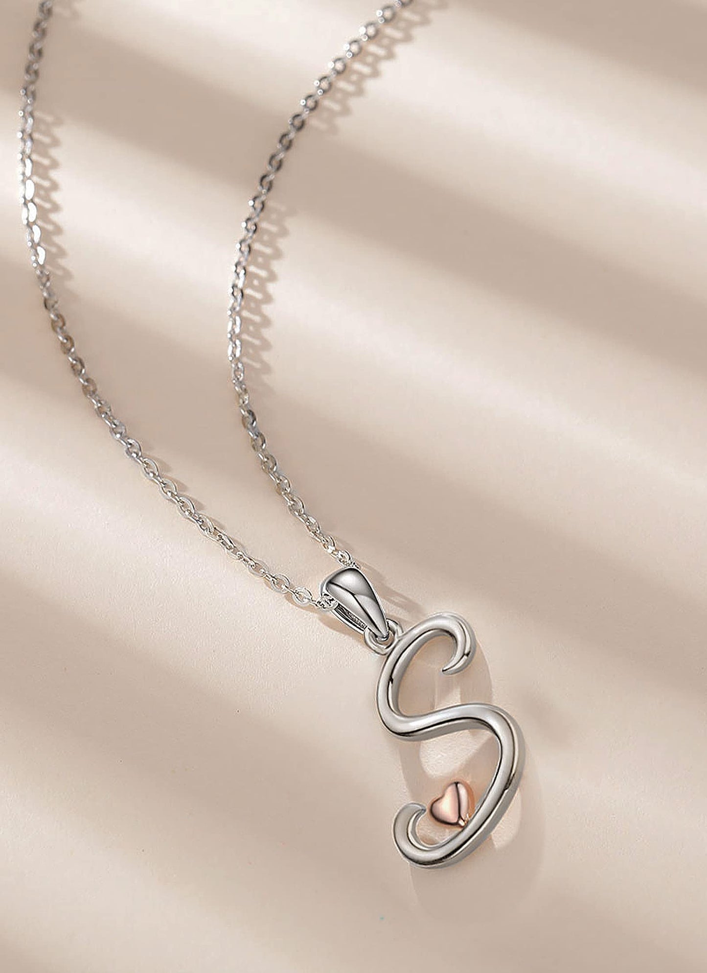 CELESTIA Sterling Silver Initial Necklaces 26 Letter Pendant with Rose Gold Heart - 18 Inch Chain