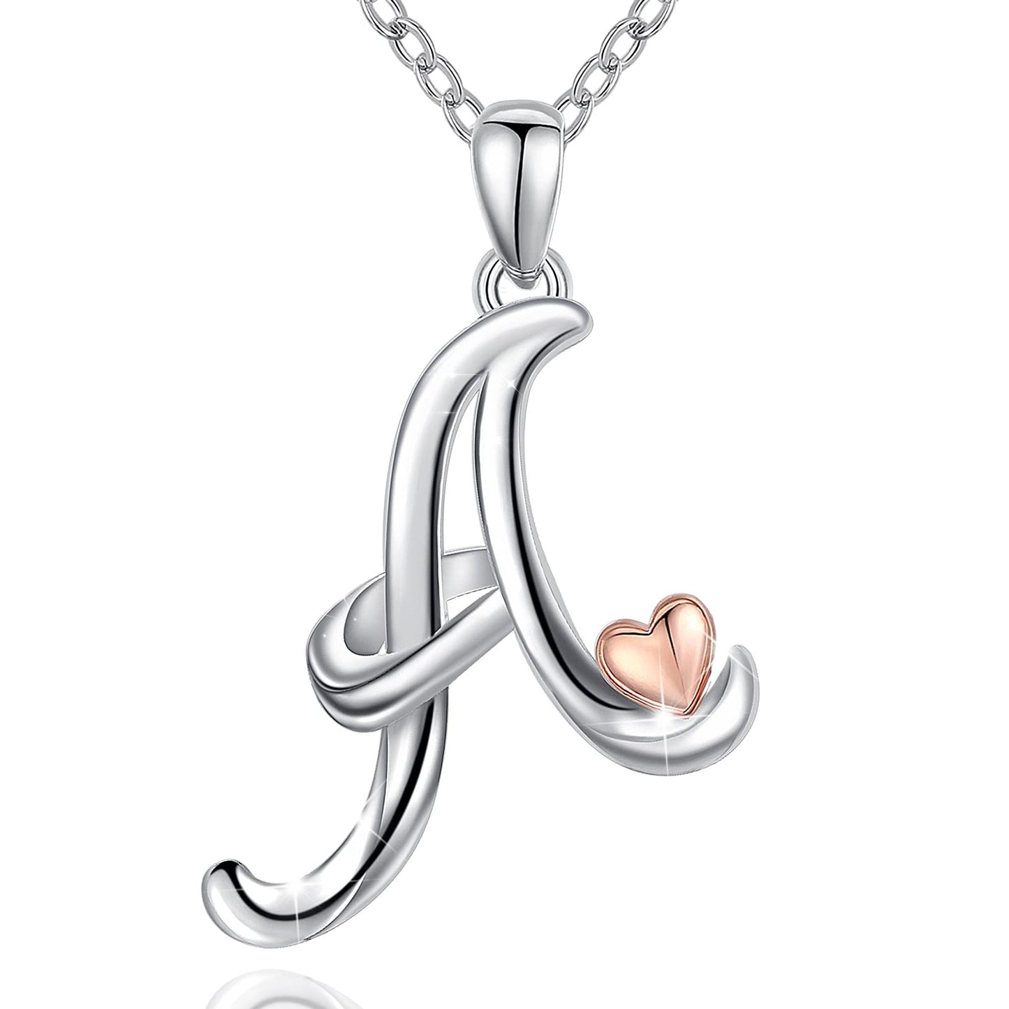 CELESTIA Sterling Silver Initial Necklaces 26 Letter Pendant with Rose Gold Heart - 18 Inch Chain