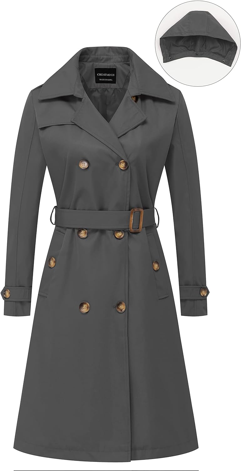 CREATMO US Women's Long Trench Coat Double-Breasted Classic Lapel Overcoat Belted Slim Outerwear Coat with Detachable Hood