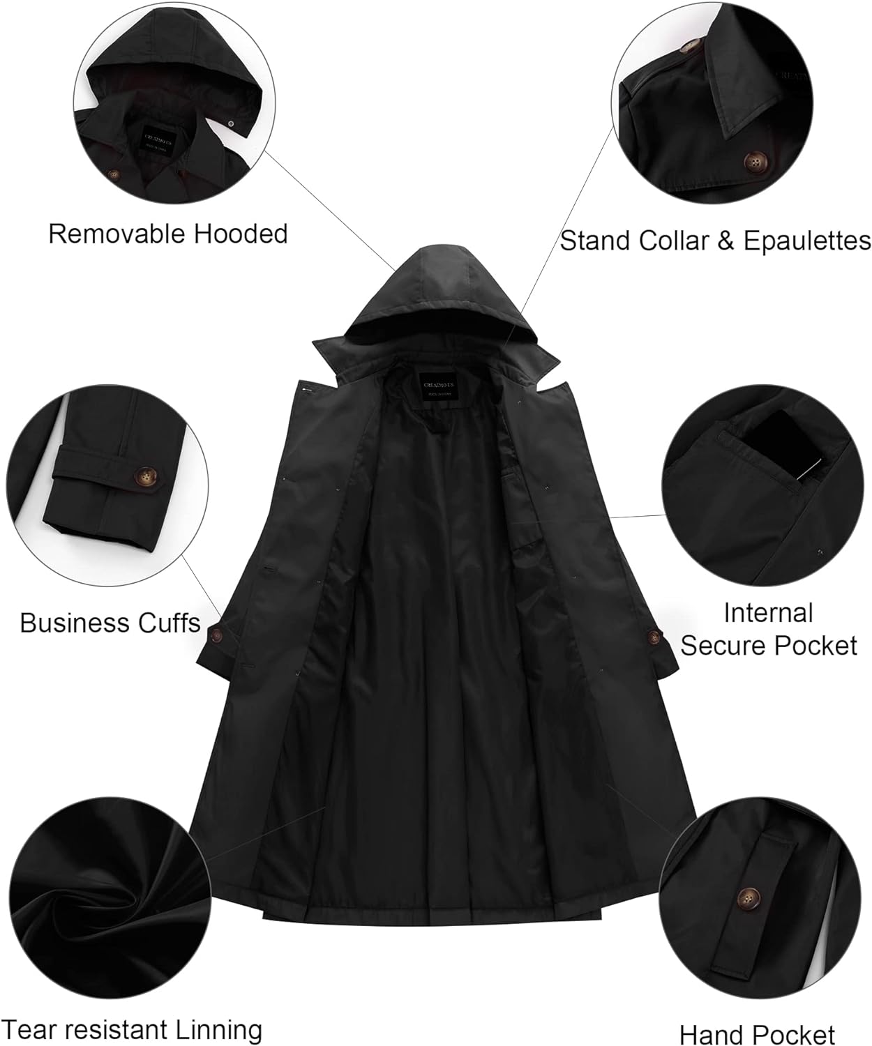 CREATMO US Women's Long Trench Coat Double-Breasted Classic Lapel Overcoat Belted Slim Outerwear Coat with Detachable Hood