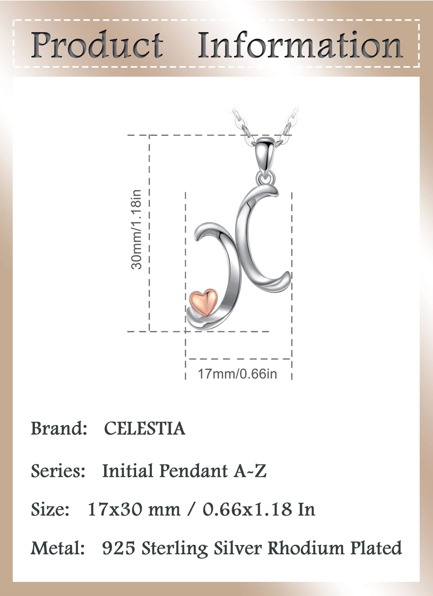 CELESTIA Sterling Silver Initial Necklaces 26 Letter Pendant with Rose Gold Heart - 18 Inch Chain