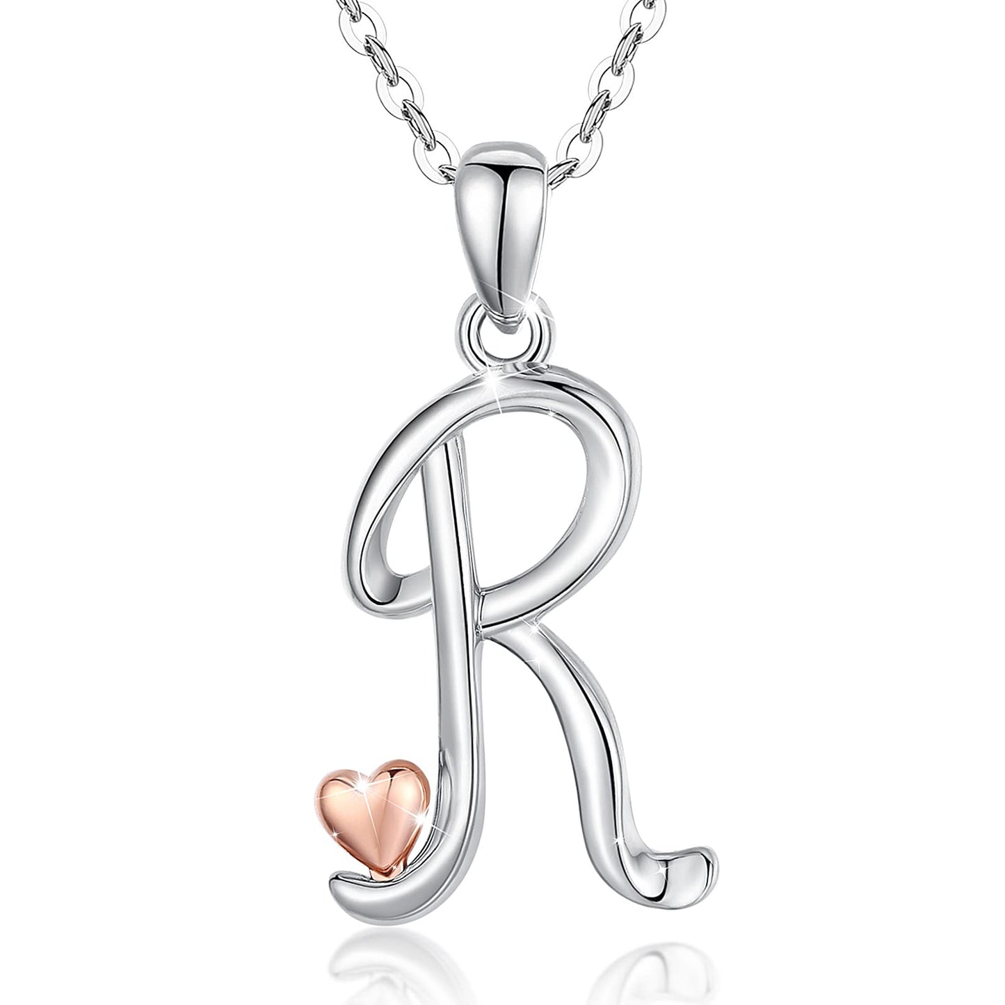 CELESTIA Sterling Silver Initial Necklaces 26 Letter Pendant with Rose Gold Heart - 18 Inch Chain