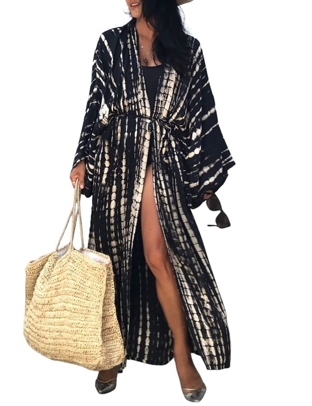 Bsubseach Stylish Tie Dye Open Front Long Kimono Swimsuit Cover up for Women