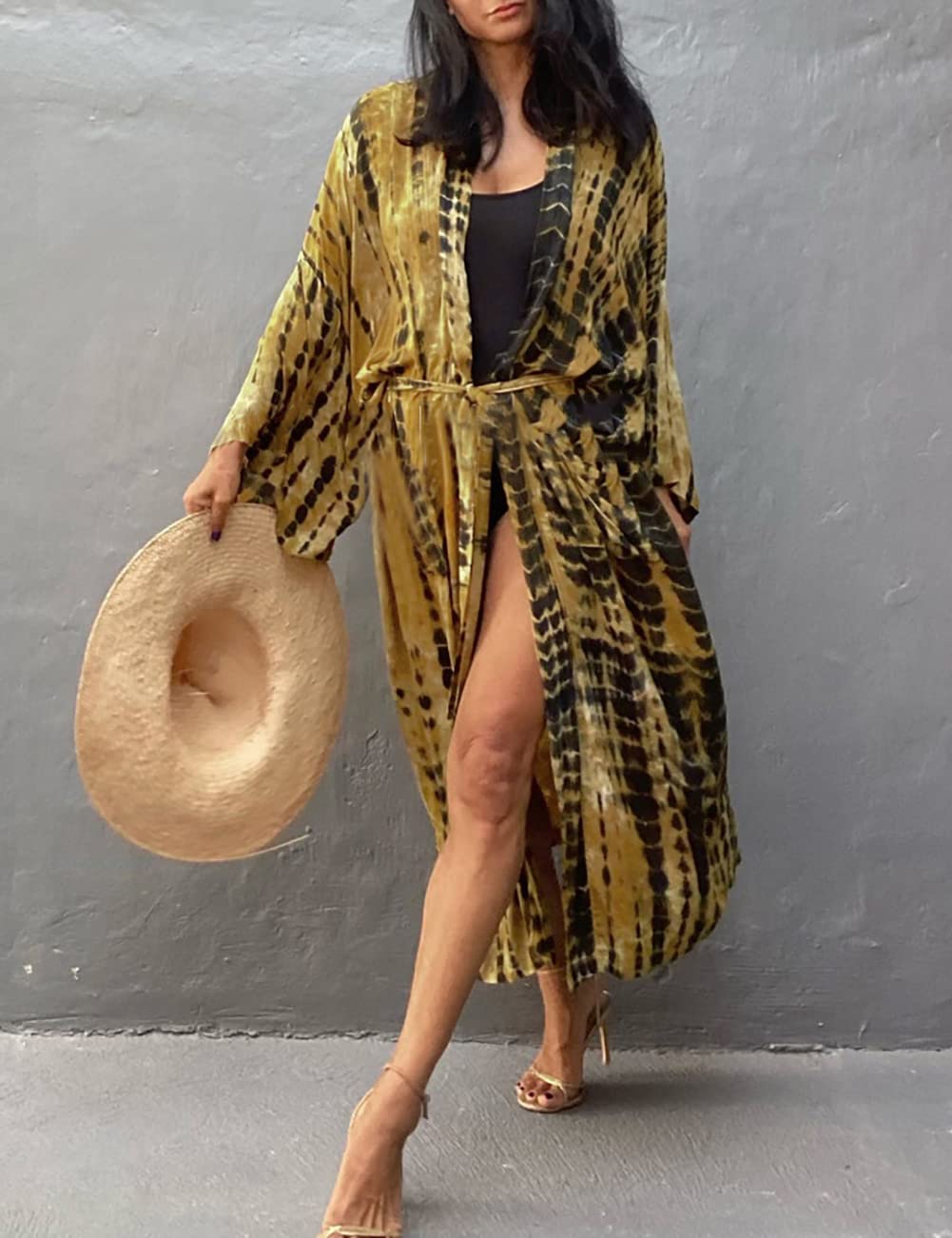 Bsubseach Stylish Tie Dye Open Front Long Kimono Swimsuit Cover up for Women