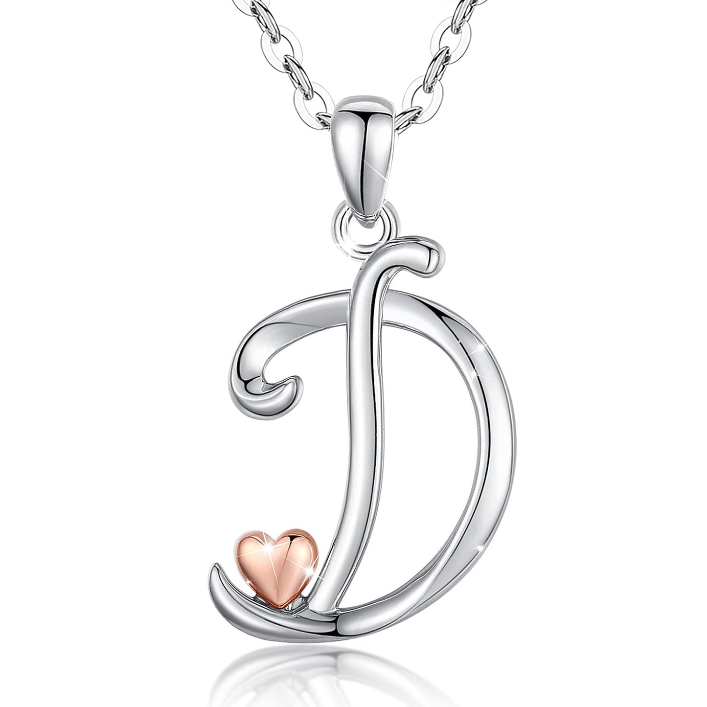 CELESTIA Sterling Silver Initial Necklaces 26 Letter Pendant with Rose Gold Heart - 18 Inch Chain