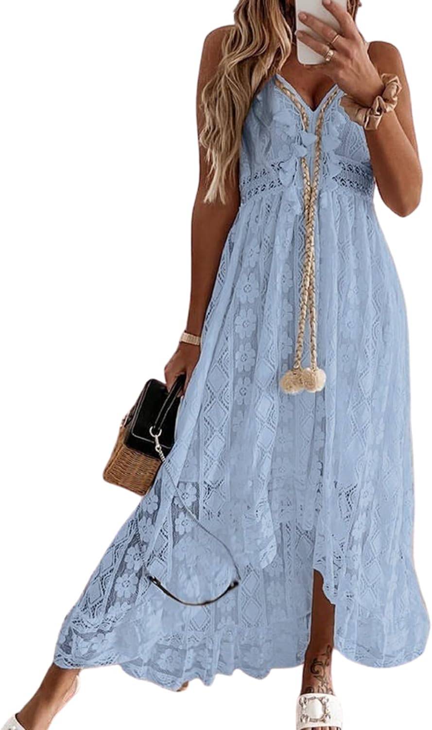 CUPSHE Women's Summer Slip Boho Maxi Dress Lace Up Tassel V-Neck Flare Ruffle Beach Dresses White