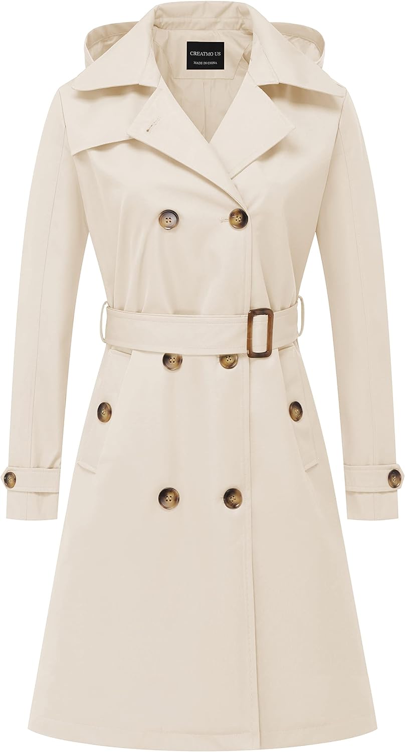 CREATMO US Women's Long Trench Coat Double-Breasted Classic Lapel Overcoat Belted Slim Outerwear Coat with Detachable Hood