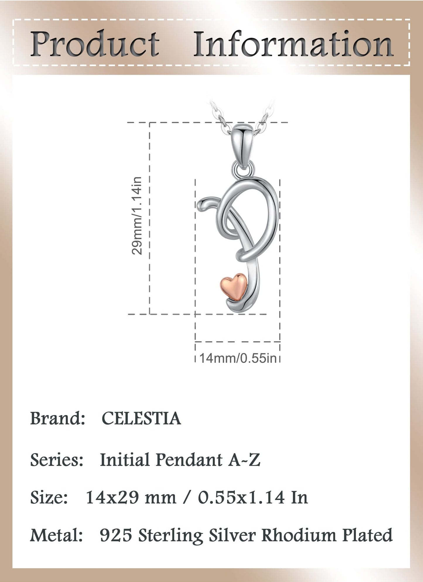 CELESTIA Sterling Silver Initial Necklaces 26 Letter Pendant with Rose Gold Heart - 18 Inch Chain