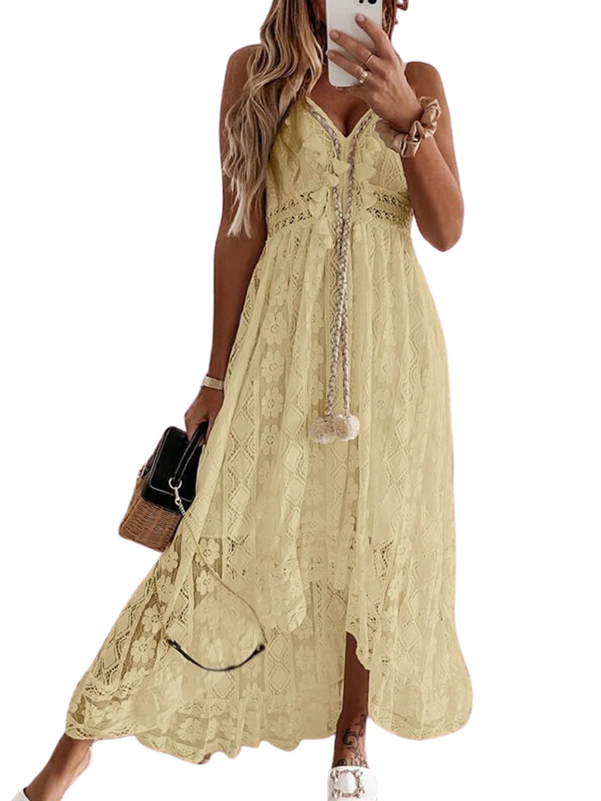 CUPSHE Women's Summer Slip Boho Maxi Dress Lace Up Tassel V-Neck Flare Ruffle Beach Dresses White