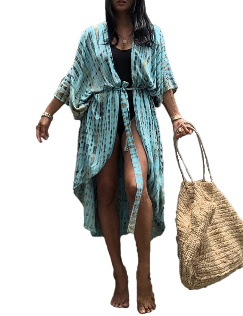 Bsubseach Stylish Tie Dye Open Front Long Kimono Swimsuit Cover up for Women