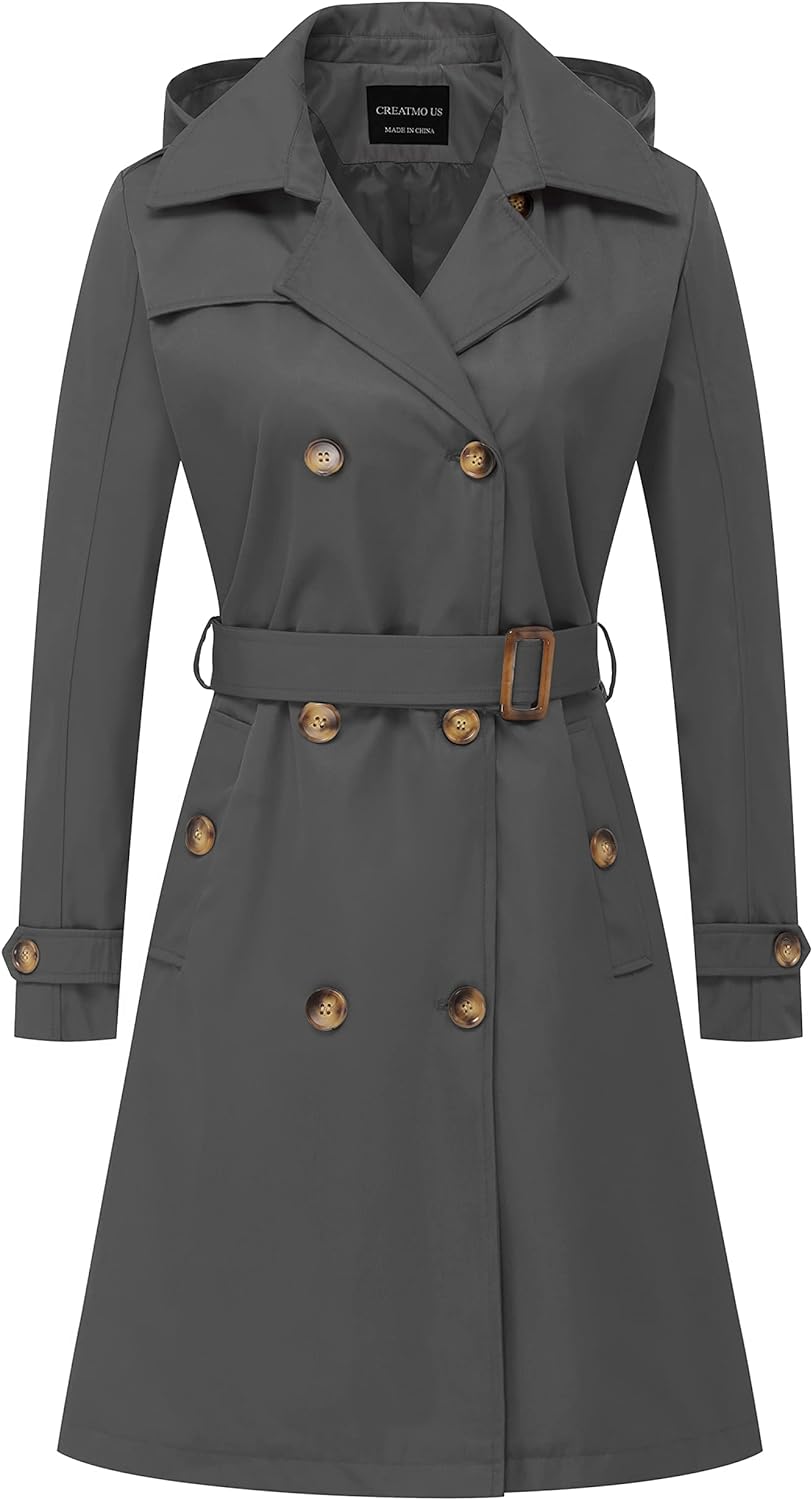 CREATMO US Women's Long Trench Coat Double-Breasted Classic Lapel Overcoat Belted Slim Outerwear Coat with Detachable Hood