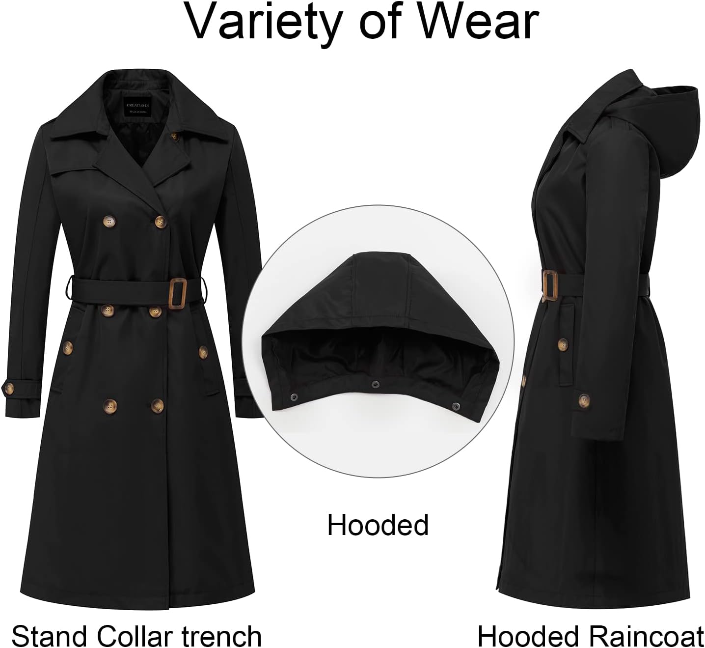 CREATMO US Women's Long Trench Coat Double-Breasted Classic Lapel Overcoat Belted Slim Outerwear Coat with Detachable Hood