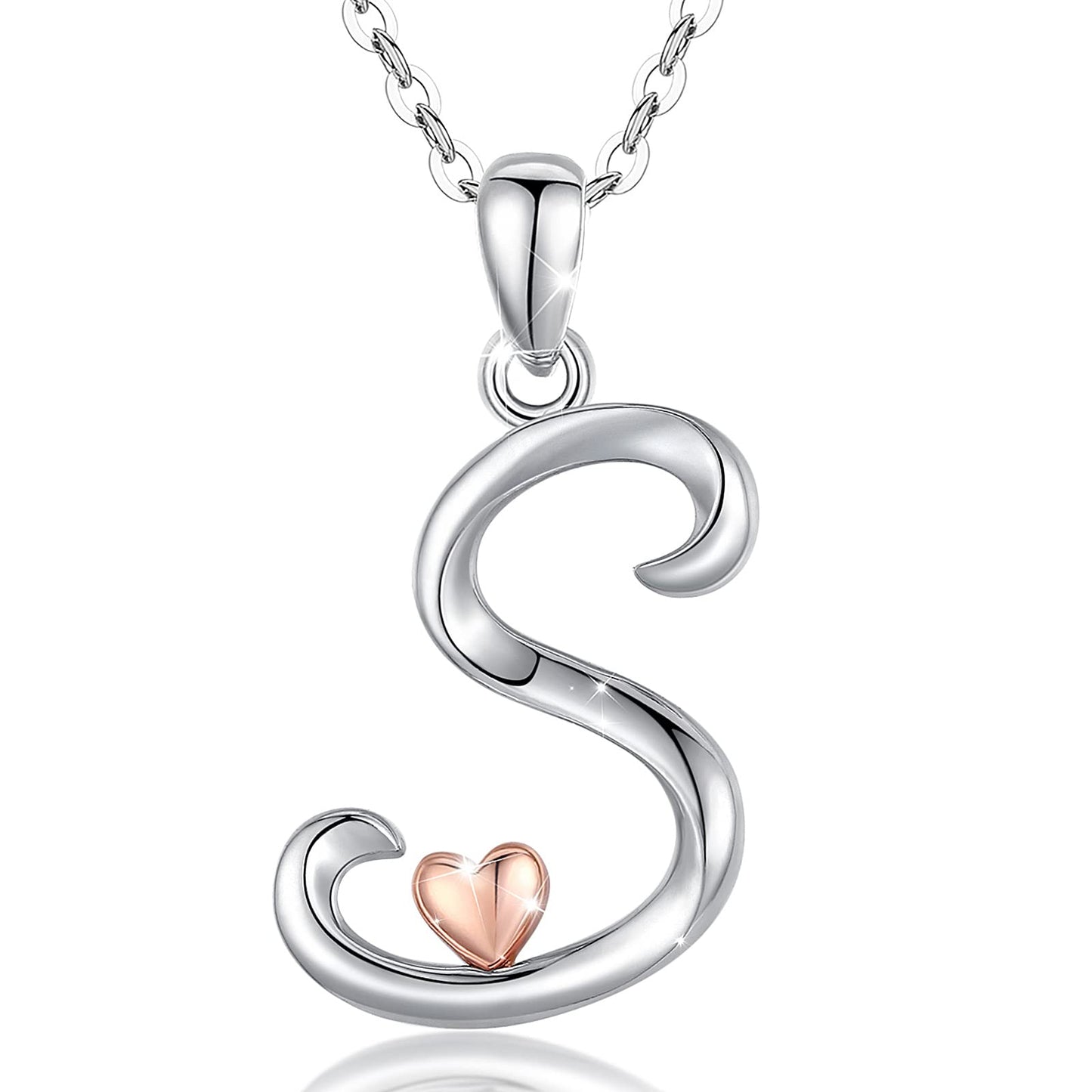 CELESTIA Sterling Silver Initial Necklaces 26 Letter Pendant with Rose Gold Heart - 18 Inch Chain