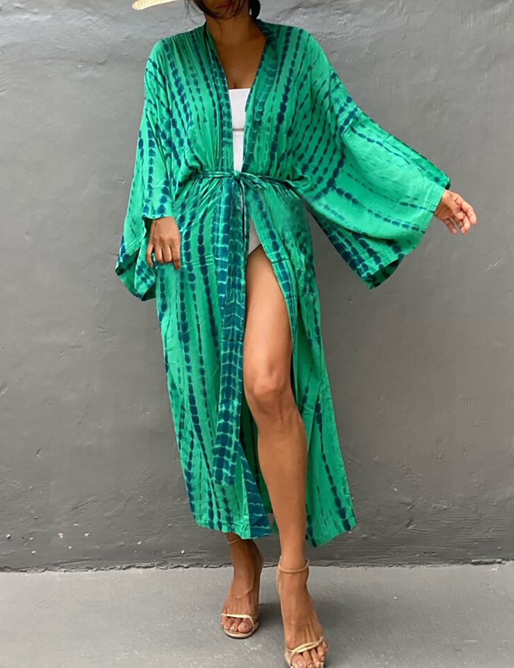 Bsubseach Stylish Tie Dye Open Front Long Kimono Swimsuit Cover up for Women