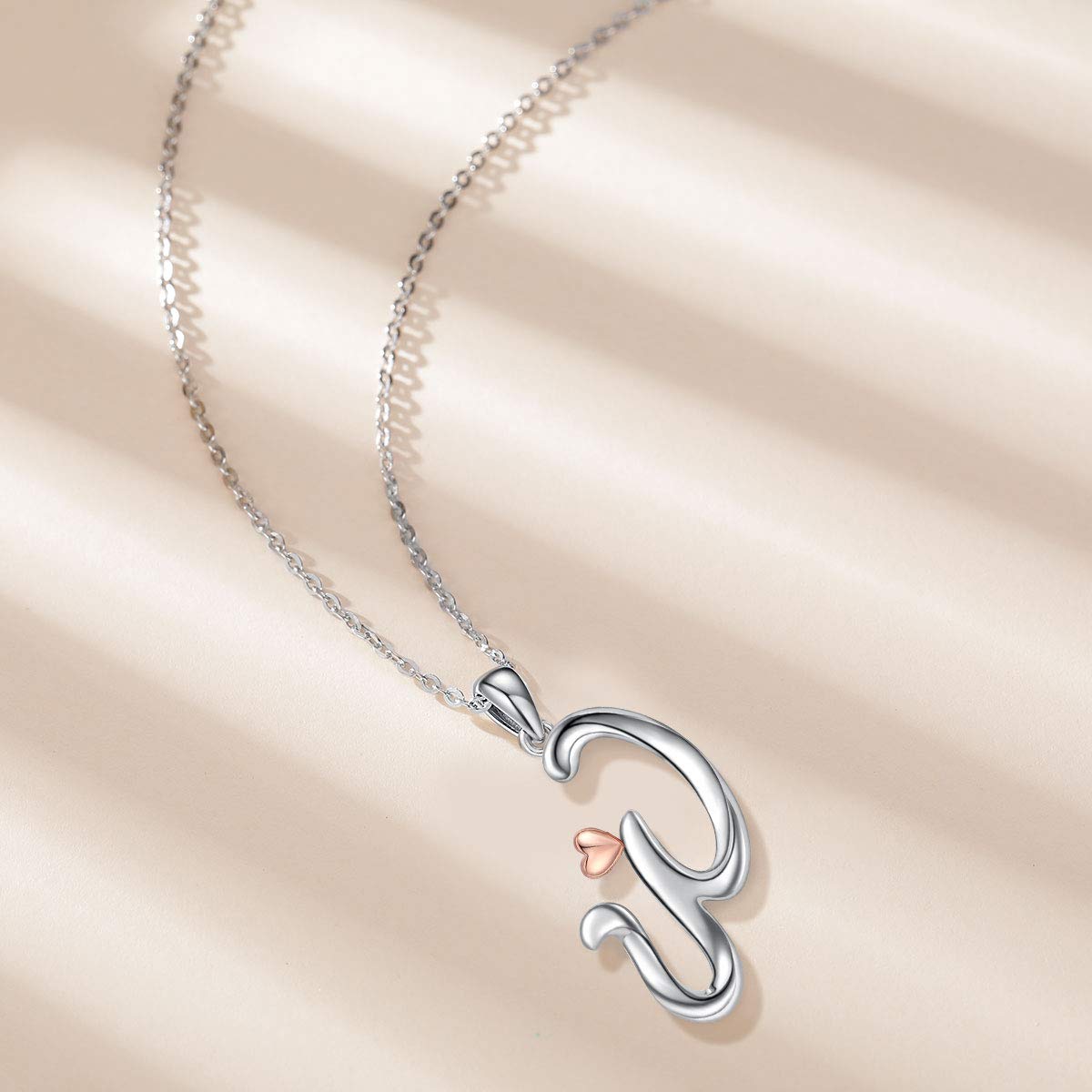 CELESTIA Sterling Silver Initial Necklaces 26 Letter Pendant with Rose Gold Heart - 18 Inch Chain