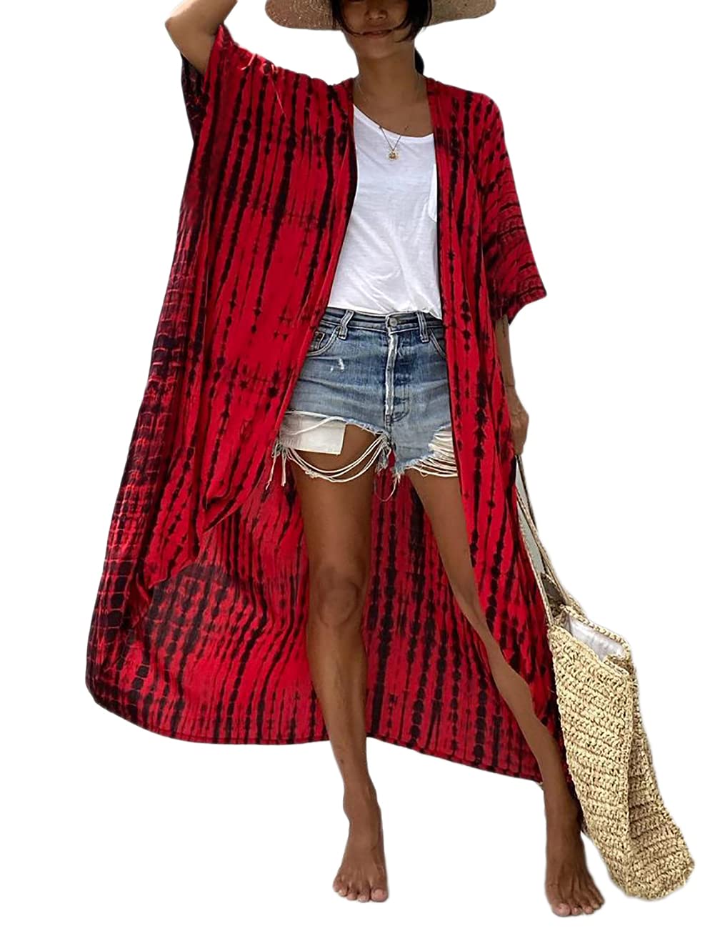 Bsubseach Stylish Tie Dye Open Front Long Kimono Swimsuit Cover up for Women