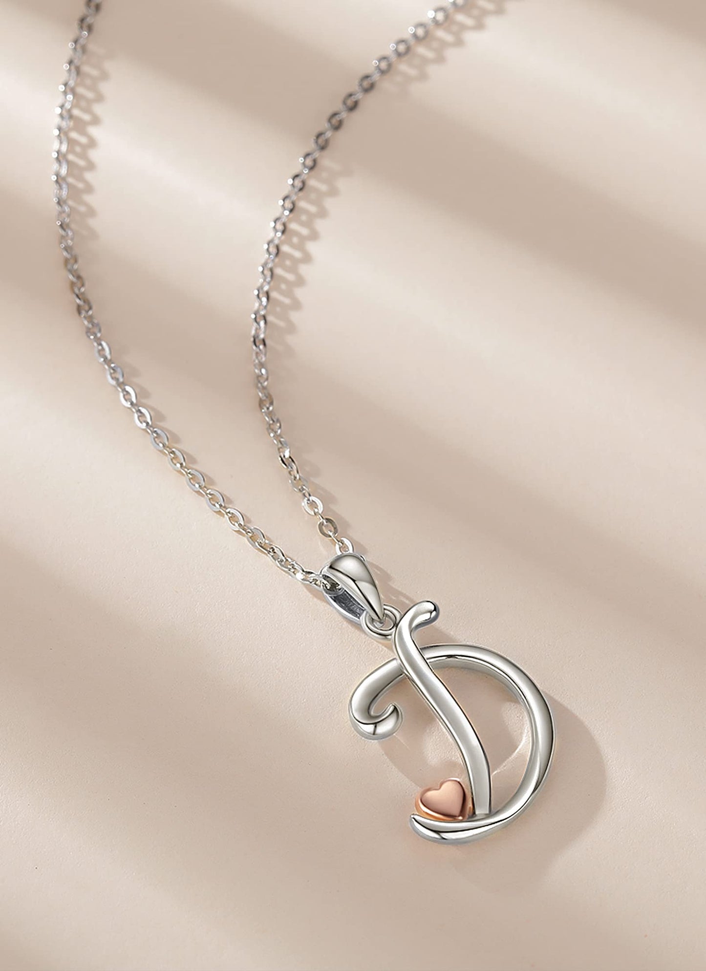 CELESTIA Sterling Silver Initial Necklaces 26 Letter Pendant with Rose Gold Heart - 18 Inch Chain