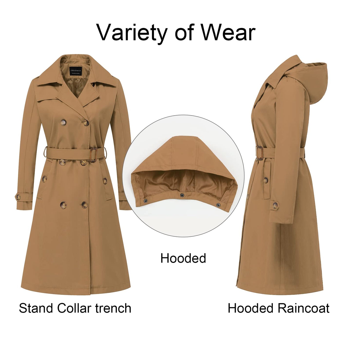 CREATMO US Women's Long Trench Coat Double-Breasted Classic Lapel Overcoat Belted Slim Outerwear Coat with Detachable Hood